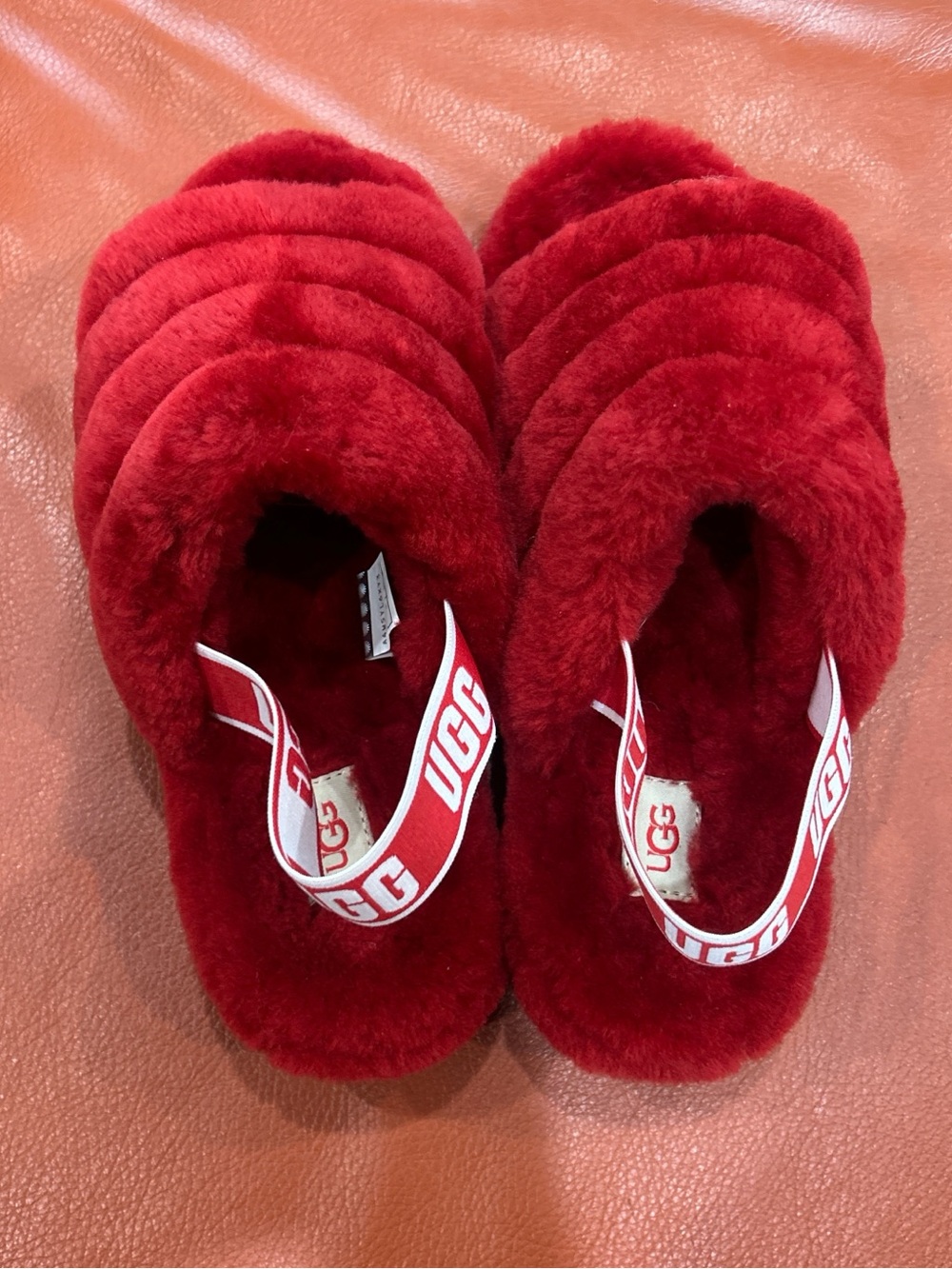 UGG Women Red Plush Shearling Slide with Logo Heel Strap